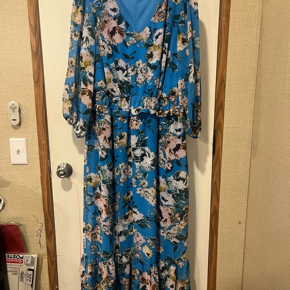 Nina Leonard Blue V-Neck Sundress with Bishop Sleeves